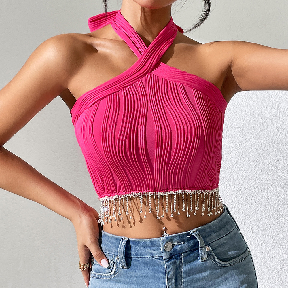 Women's Vest Tank Tops Tassel Diamond Backless Streetwear Solid Color display picture 2