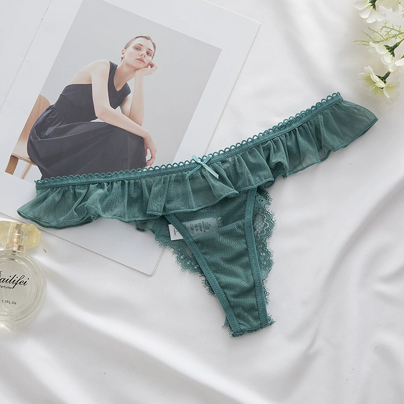Тонгниж panties? 'Thong Panties, Lace Low-Waist Sheer T-Back, Lightweight Transparent Ruffle, Sizes M–L' -> Трусики-стринги, кружевные, низкая талия, прозрачный сзади в виде T-образной линии?