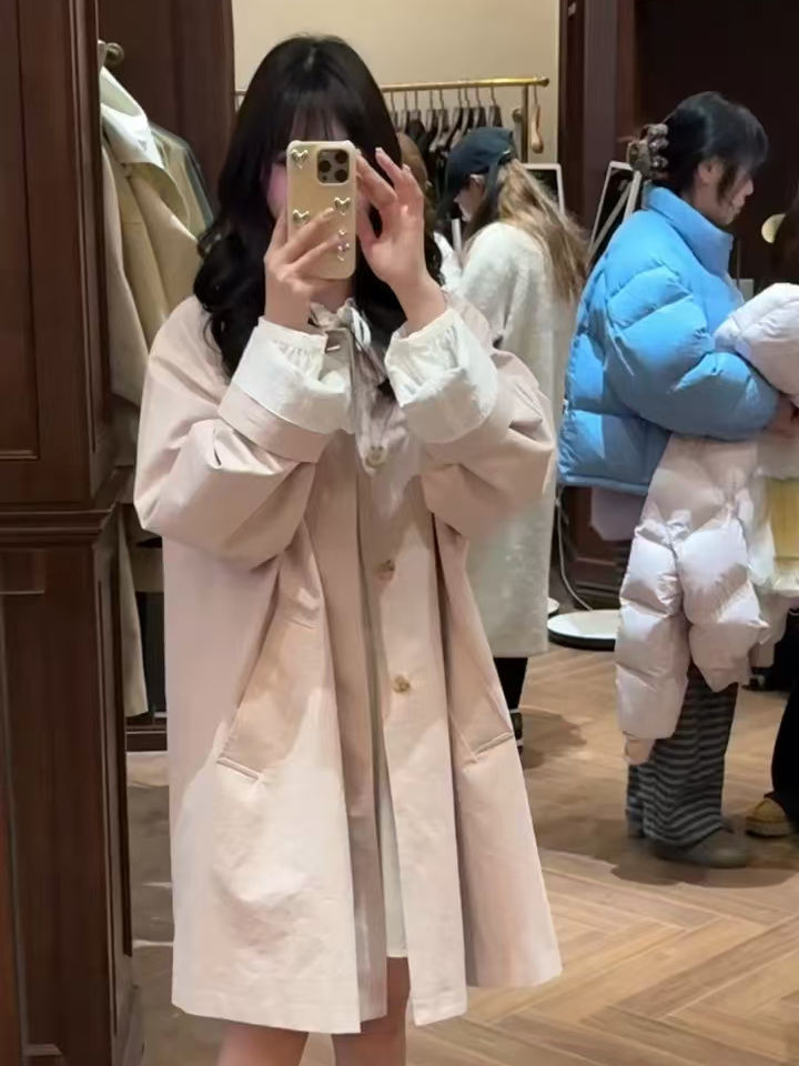 New Pink Trench Coat for Petite Women, Korean Style, Simple and Versatile, Niche Fashionable Design Jacket for Women