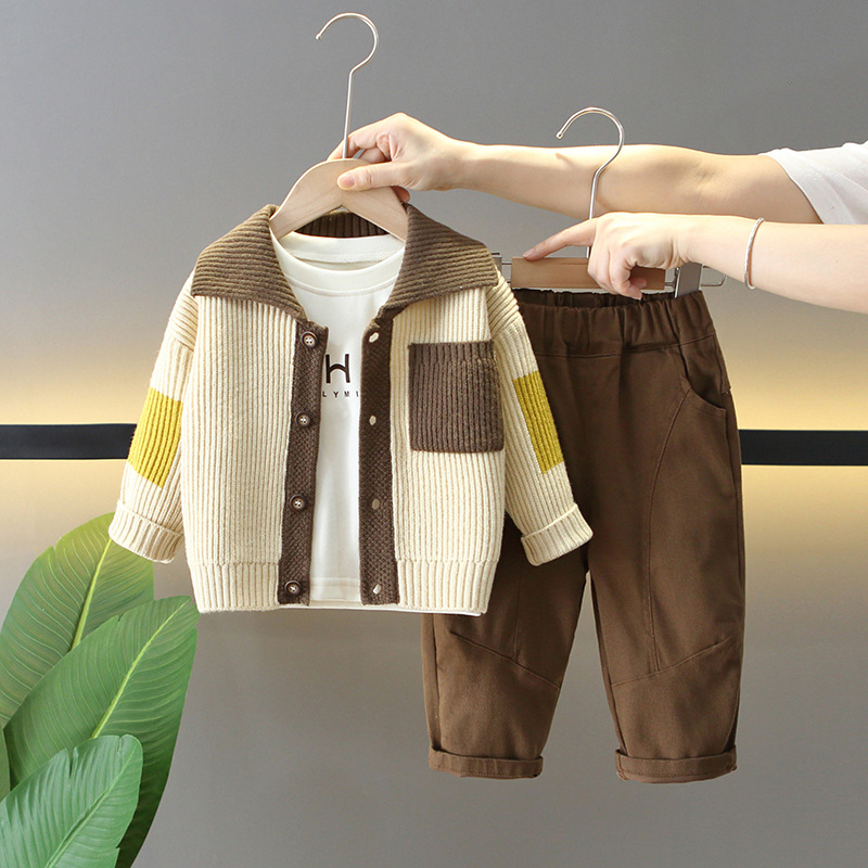 6146 Traje de otoño para niños 2025 nuevo estilo estilo occidental chaqueta de suéter para niños traje de tres piezas guapo bebé versión coreana primavera
