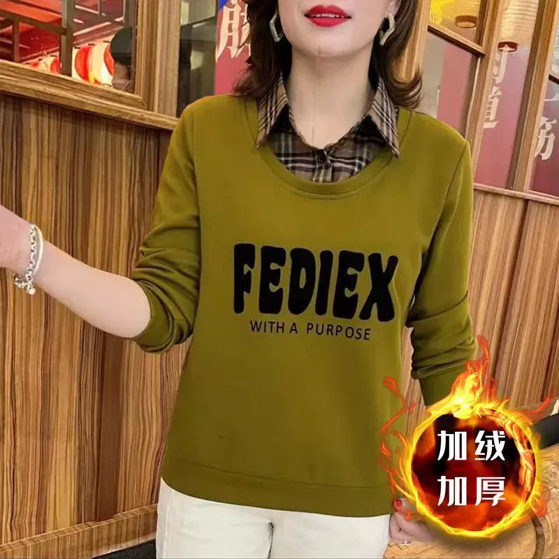 Плюшевый толстый свитой женский осенний и зимний лацканный воротник футболка с длинными рукавами