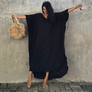 Beach Cover-Up Rayon Pure Color Loose Holiday Robe Bikini Sun Protection Shirt Cross-Border Amazon 21087 L