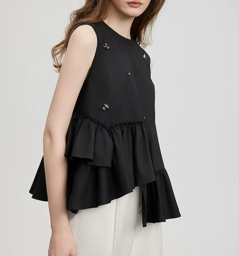 Áo croptop nữ không tay đính cườm lá sen thiết kế bất đối xứng mùa hè 2026 — màu đen chi tiết 9