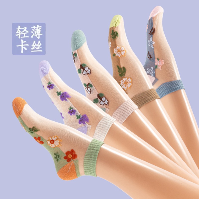 Women's Summer Thin Transparent Cotton Sole Shallow Glass Ice Silk Socks Crystal Lace Non-Slip Short Socks Flower Language