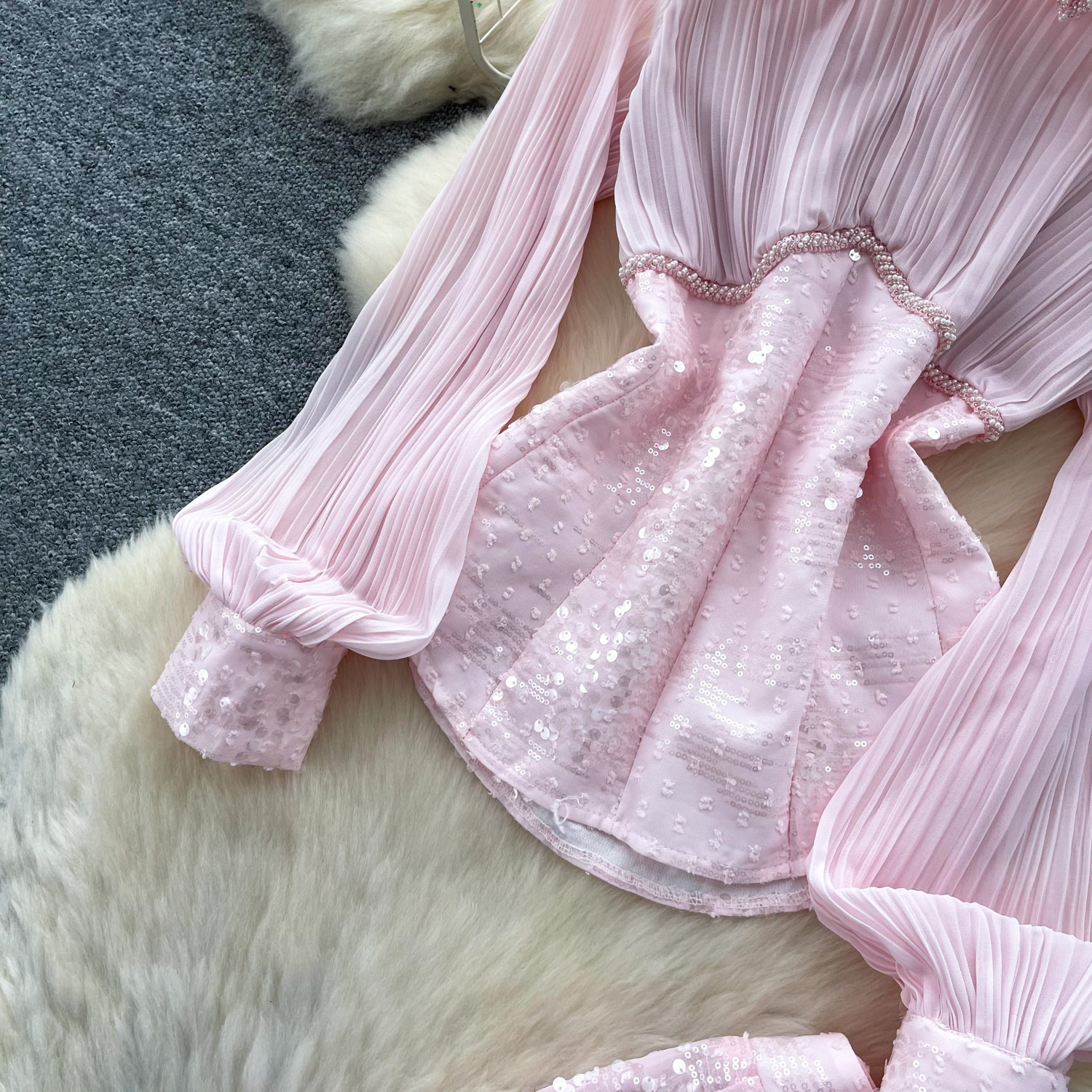 Women's French Style Sequined Mesh Pleated Two Piece Set With Fitted Waist Elegant Sophisticated Look For Spring Autumn_ecoleips.com