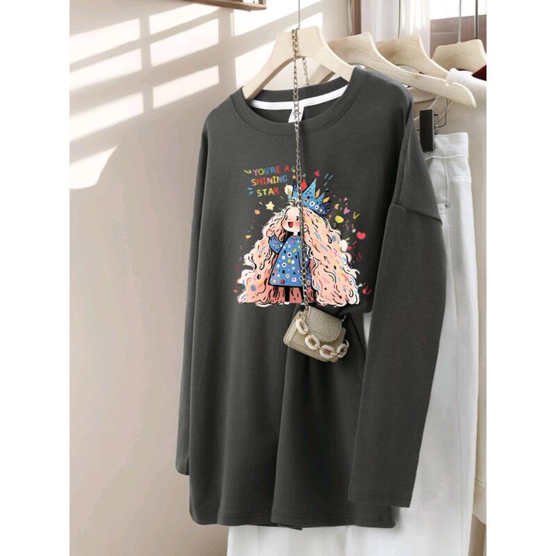 Grey Bottoming Shirt Women's Autumn and Winter with Shark Pants Loose All-match Long Sleeve T-shirt Mid-length Western Style Pure Cotton