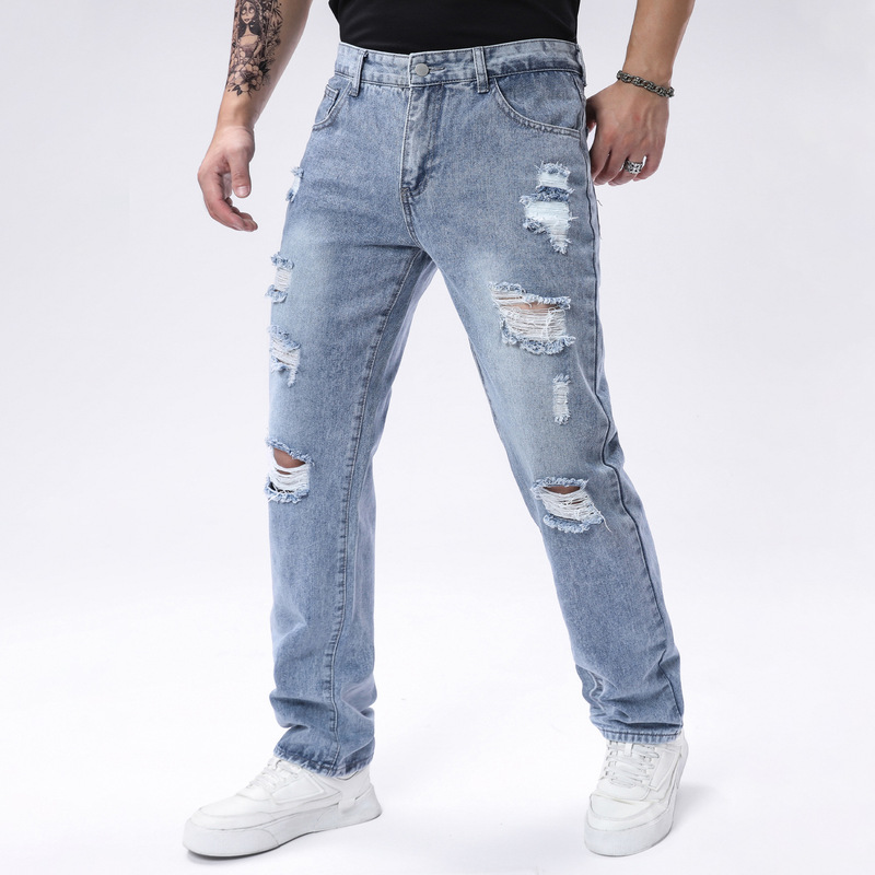 Men's Straight-Leg Non-Stretch Light Blue Ripped and Distressed Denim Jeans, Cycling Style Long Pants Men's Straight-Leg Non-Stretch Light Blue Ripped and Distressed Denim Jeans, Cycling Style Long Pants