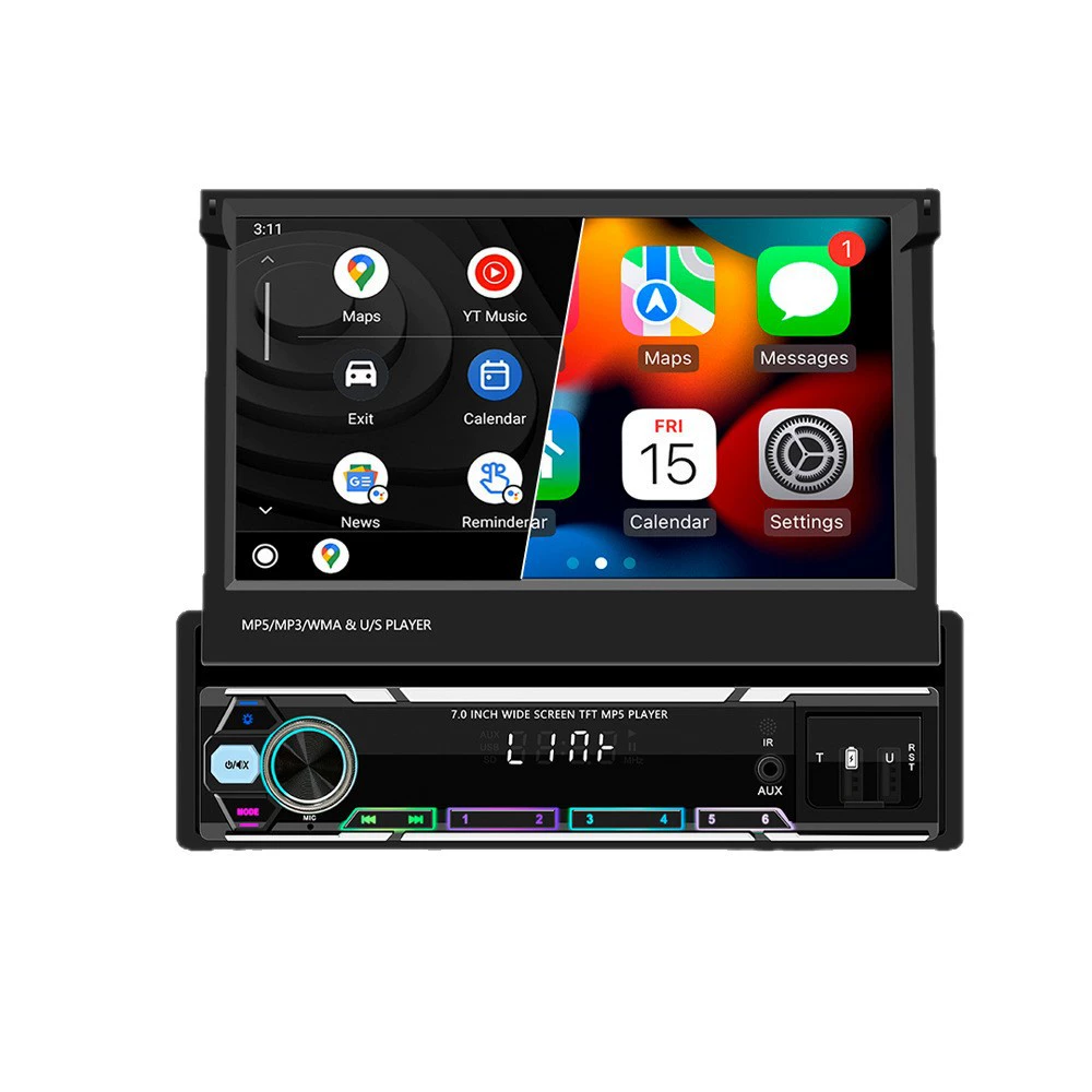 7-дюймовый беспроводной CarPlay MP5-плеер с одним диском, ручной retractable экран, Bluetooth, MP3, слот для карт, радио, 12V
