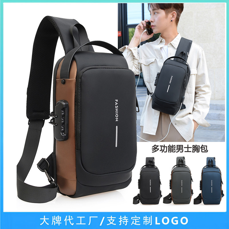 New cross-border password lock men's chest bag, casual and stylish shoulder bag with USB charging port, versatile crossbody bag
