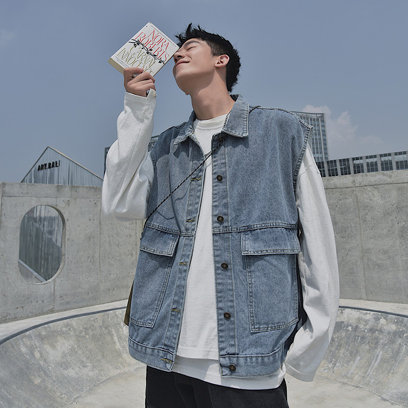 데님 조끼 남자의 봄과 가을 유행 조끼 클립 작업복 민소매 티셔츠 조끼 느슨한 여름 얇은 재킷
