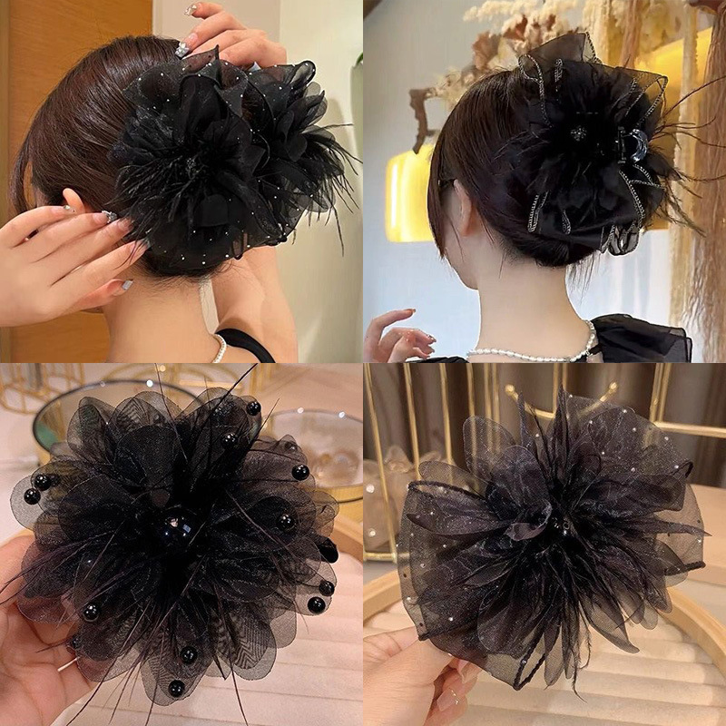 Satín de alta sensación, arco negro de tiburón, pin de cabello cuadrado taladro, pin de cabello de cabeza posterior, pin de cabello para mujeres