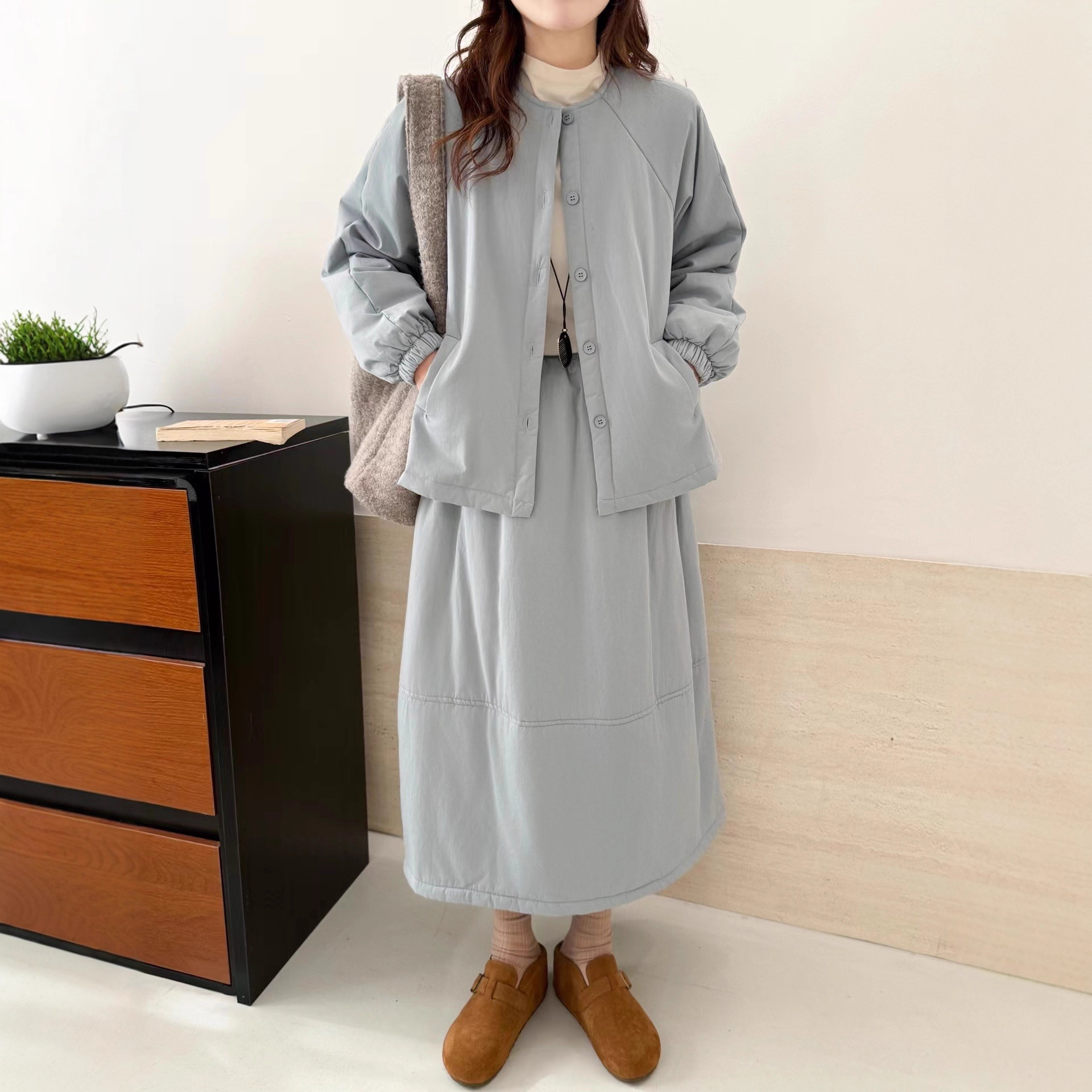 Japanese-Style Cotton-Padded Women's Winter New Retro Artistic Loose Casual Versatile Cotton-Padded Cocoon-Shaped Skirt Set