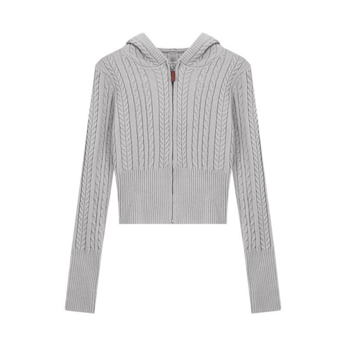 Twist zipper hooded knitted cardigan women's spring and autumn short sweater coat with base top