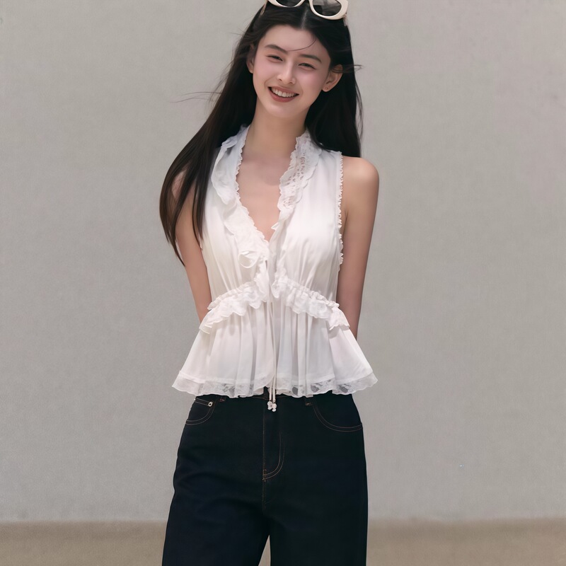 Taop&Za "Private Collection of Petals" Heavy Lace V-Neck Beaded Lace-Up White Gentle Blouse Top Taop&Za "Private Collection of Petals" Heavy Lace V-Neck Beaded Lace-Up White Gentle Blouse Top