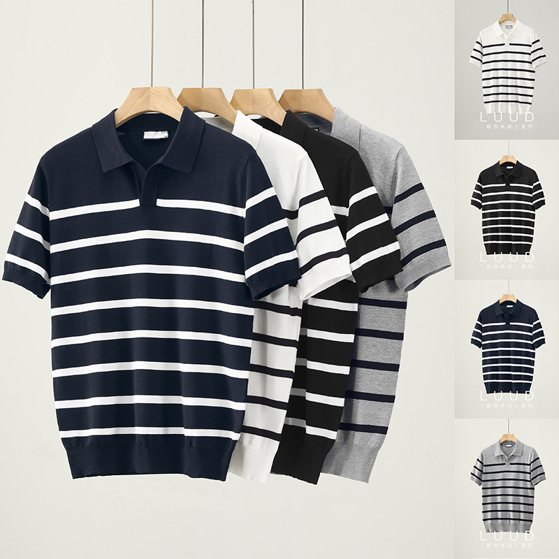 Polo camiseta de punto camiseta de manga corta camiseta de hombre cuello en V gaviota cuello rayas viejas líneas de viento de verano fábrica transfronteriza mayorista