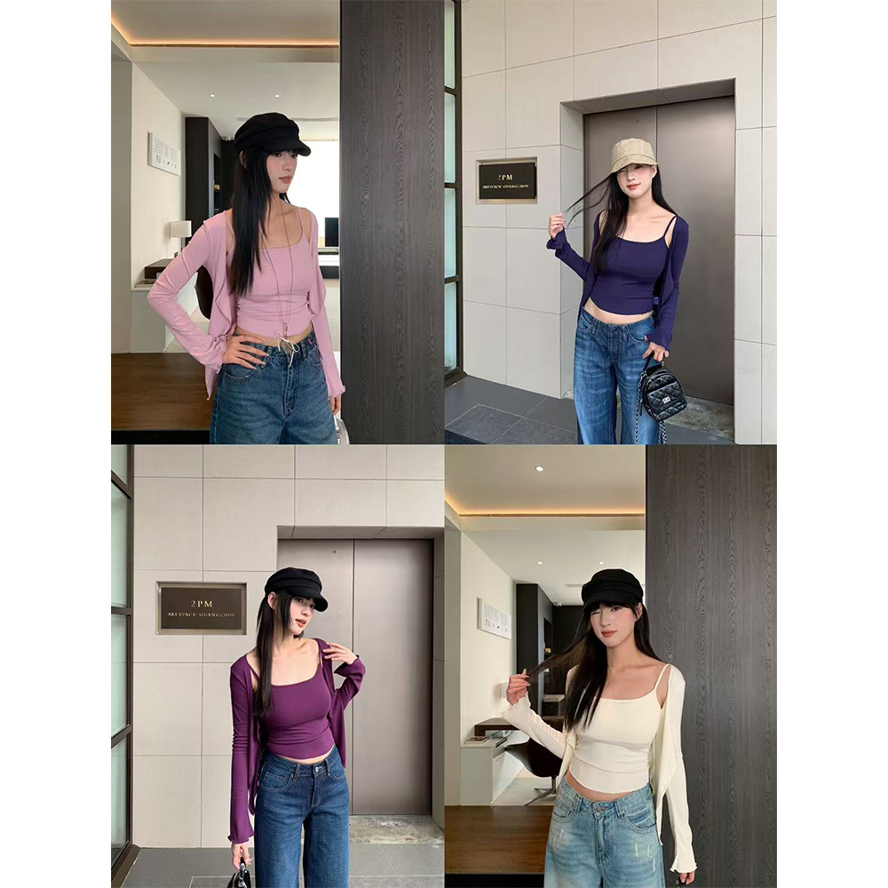 위이 신상 2025 한국 스위트 스파이시 상의 투피스 여성 긴팔 가디건 + 브라 패드 민소매 c250532