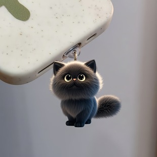Cross-Border Popular Acrylic Mobile Phone Dust Plug Pendant 2D Cute Black Chubby Cat Type-C