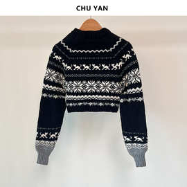 JIN*N复古粗织费尔岛复古提花短毛衣女25秋冬加厚圆领长袖针织衫