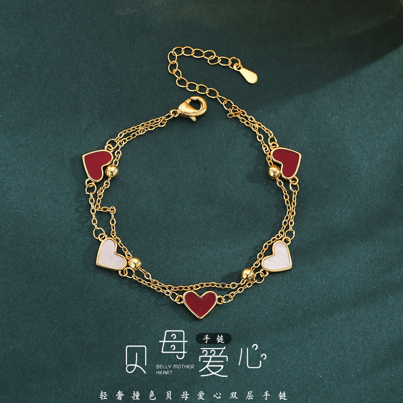Minsheng Double-Layer Heart Pendant Bracelet for Women, French Retro Versatile Temperament Bracelet, Niche High-End Light Luxury Bracelet