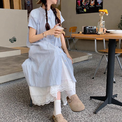 蓝色条纹短袖衬衫连衣裙女夏季2025新款韩系宽松中长款叠穿两件套