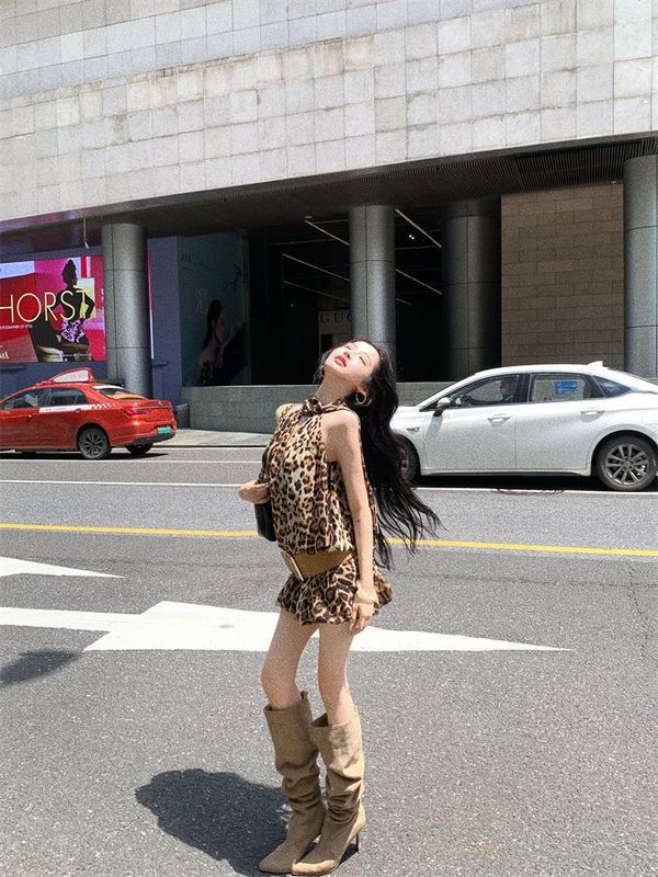 美式辣妹豹纹飘带挂脖连衣裙女夏季显瘦收腰无袖裙子雪纺a字短裙|undefined