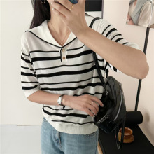 黑白条纹冰丝短袖t恤女夏季薄款宽松小众针织衫海军领减龄上衣潮