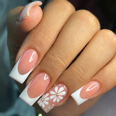 跨境ins風穿戴甲中長款白色花朵閃鑽甜美假指甲貼片美甲甲片批發