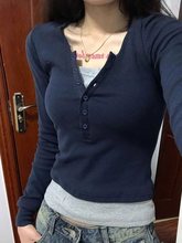 藏蓝色半开领长袖t恤女韩版ins复古甜辣修身显瘦假两件打底衫内搭