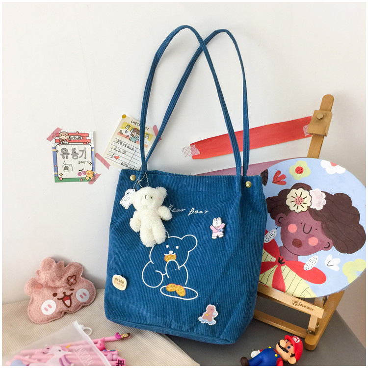 Women's Large Corduroy Bear Cute Magnetic Buckle Tote Bag display picture 11