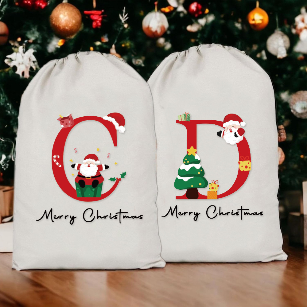 2025新款圣诞节大号字母棉布袋圣诞节儿童礼物糖果礼品束口收纳袋