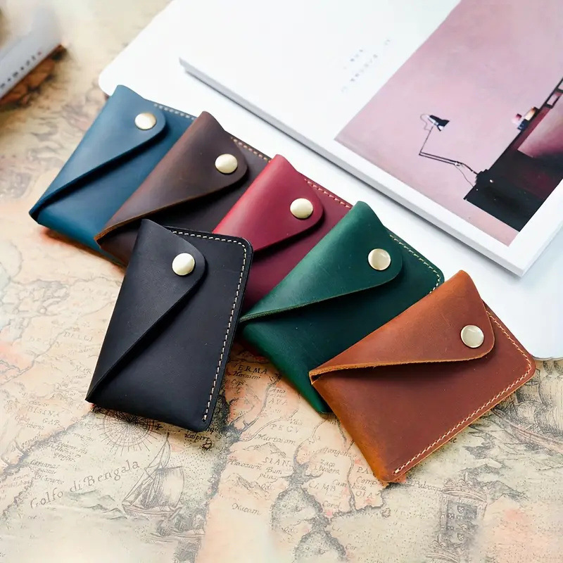 跨境新款手工简约牛皮卡套创意小巧按扣零钱包疯马皮日式复古卡包