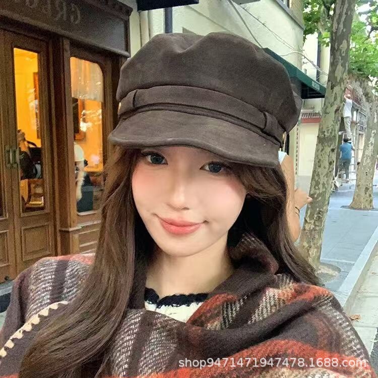 入秋氛围感美拉德~棕色麂皮平顶报童帽女秋冬复古英伦八角画家帽|undefined