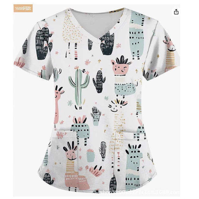 Summer Aliexpress Shopee Amazon 2025 Cross-Border Export Mid-Length Women's V Neck Nurse Uniform Cartoon Short Sleeves