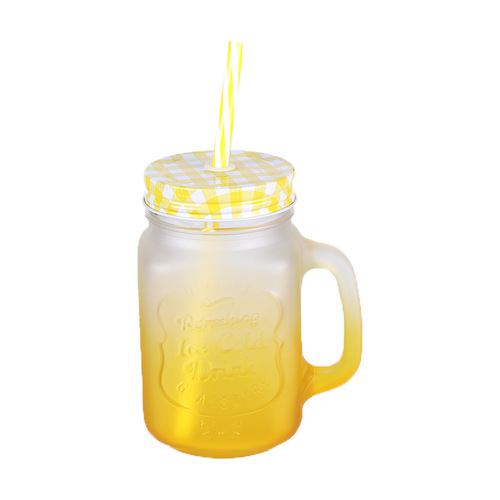 磨砂梅森瓶果汁公鸡杯渐变彩色字母玻璃透明带盖吸管冷饮马克杯