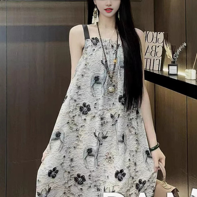 Summer Light Luxury Floral Sleeveless Long Dress Elegant 2025 Vacation Printed Loose Fashion Sling dress Long