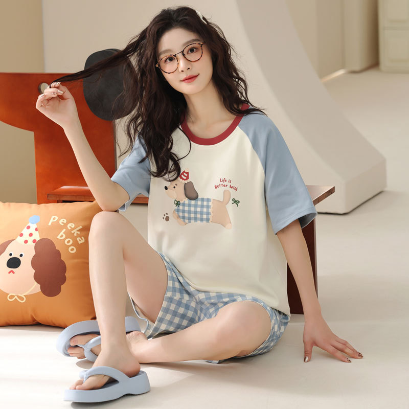 [100 cotton] summer pajamas short sleeve shorts women's 2025 new cute cartoon girl home clothes suit