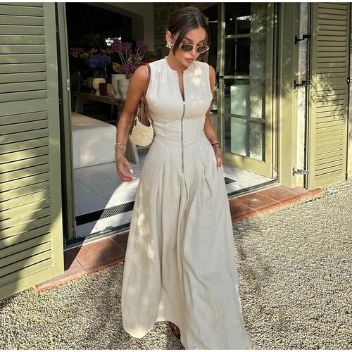 Elegant High-Waisted Solid Color Sleeveless Zipper Dress for Fashion, Fitted Work and Commuting
