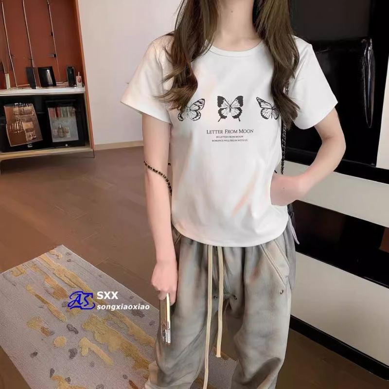Korean Clothing New Niche High-End Jennie Style Butterfly Print Round Neck Couple T-Shirt Short-Sleeved Women's Top