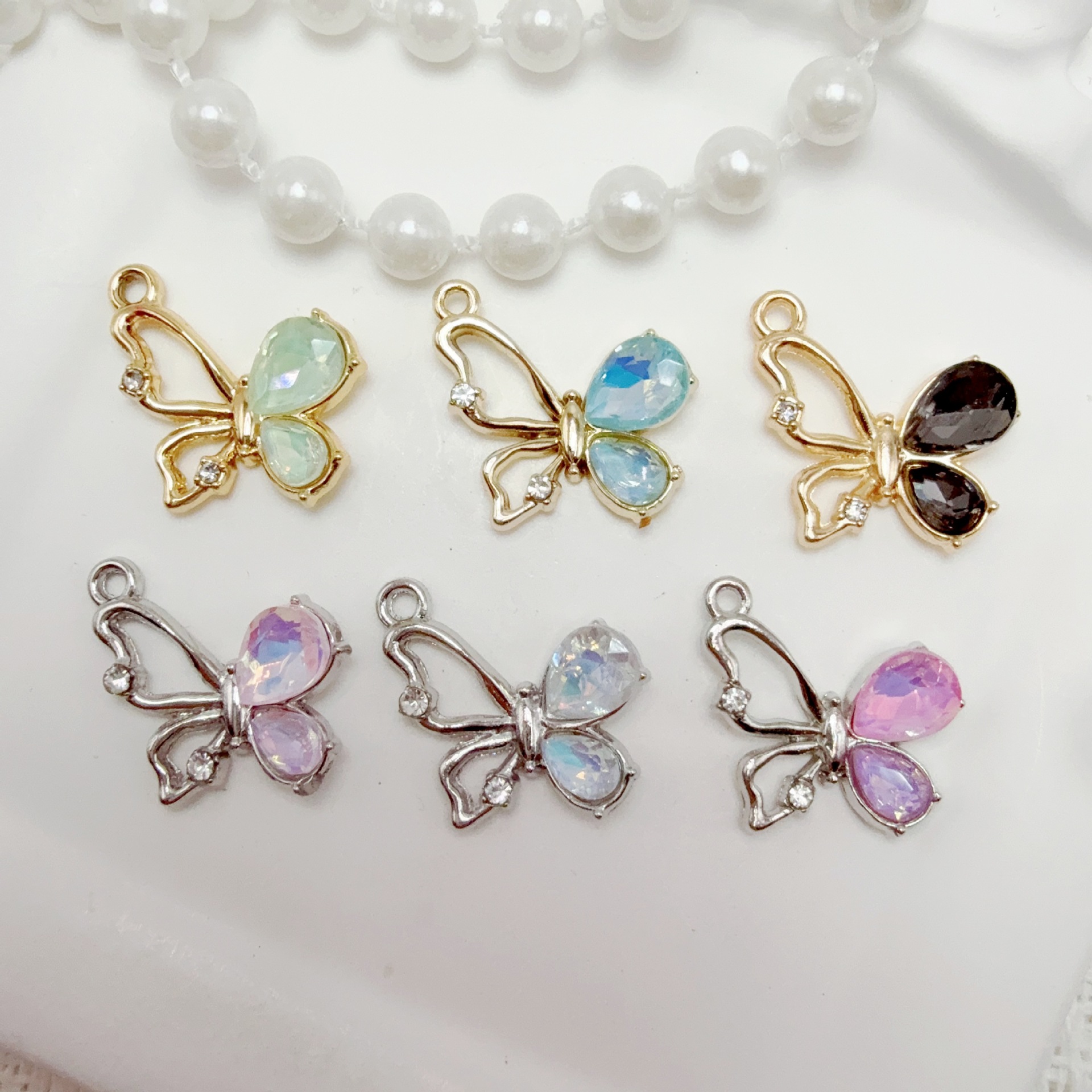 diy饰品韩版合金时尚镂空蝴蝶镶水晶气质小吊坠耳环配件项链吊坠