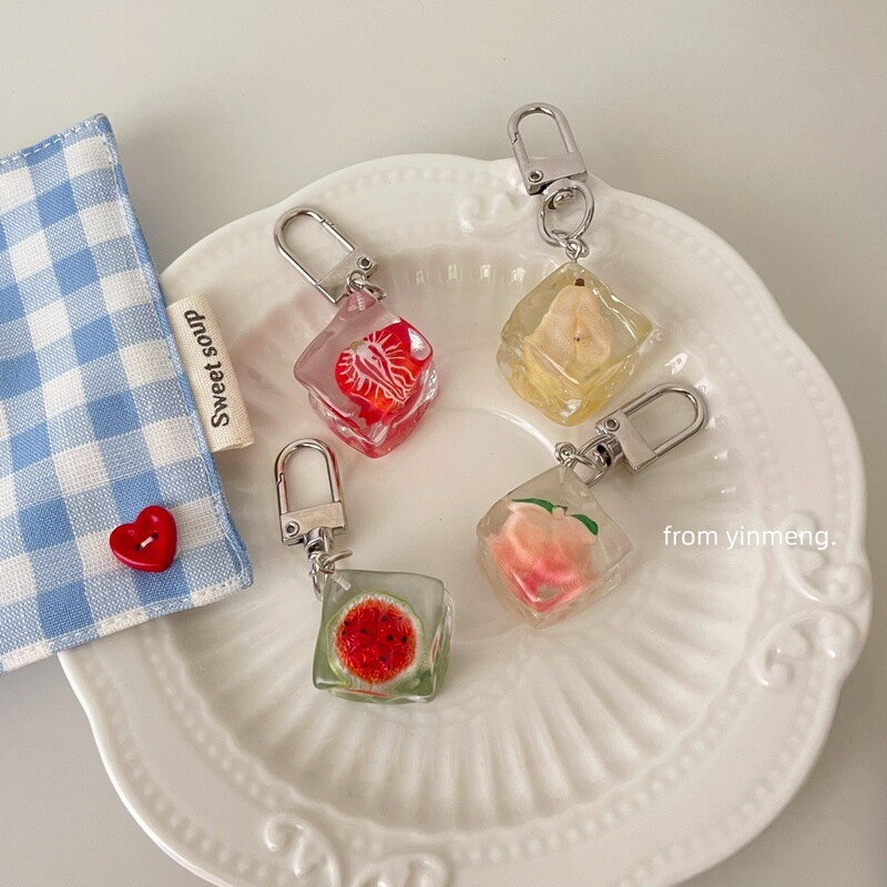 Creative and Unique Fruit Watermelon Ice Cube Resin Small Pendant Fresh Food-Themed Peach Keychain Bag Charm for Women