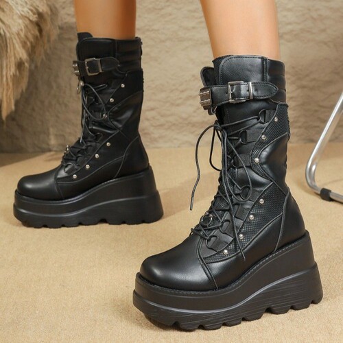 New wedge-style European and American plus-size dark-colored versatile chic punk-style chunky-sole personalized fashion boots