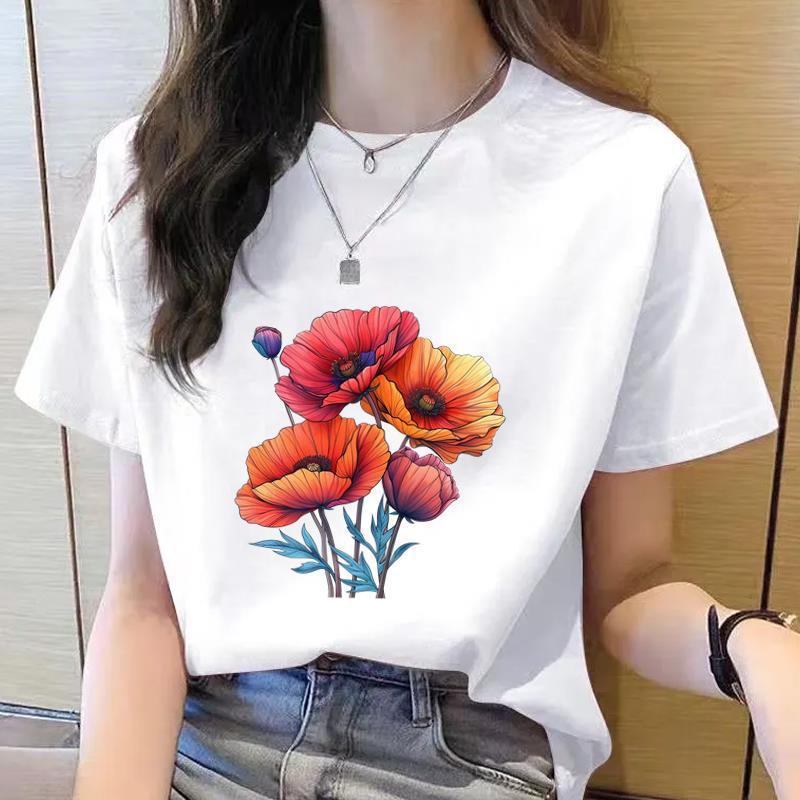 可爱花卉休闲印花时尚青年圆领上衣韩版打底衫女洋气ins短袖T恤