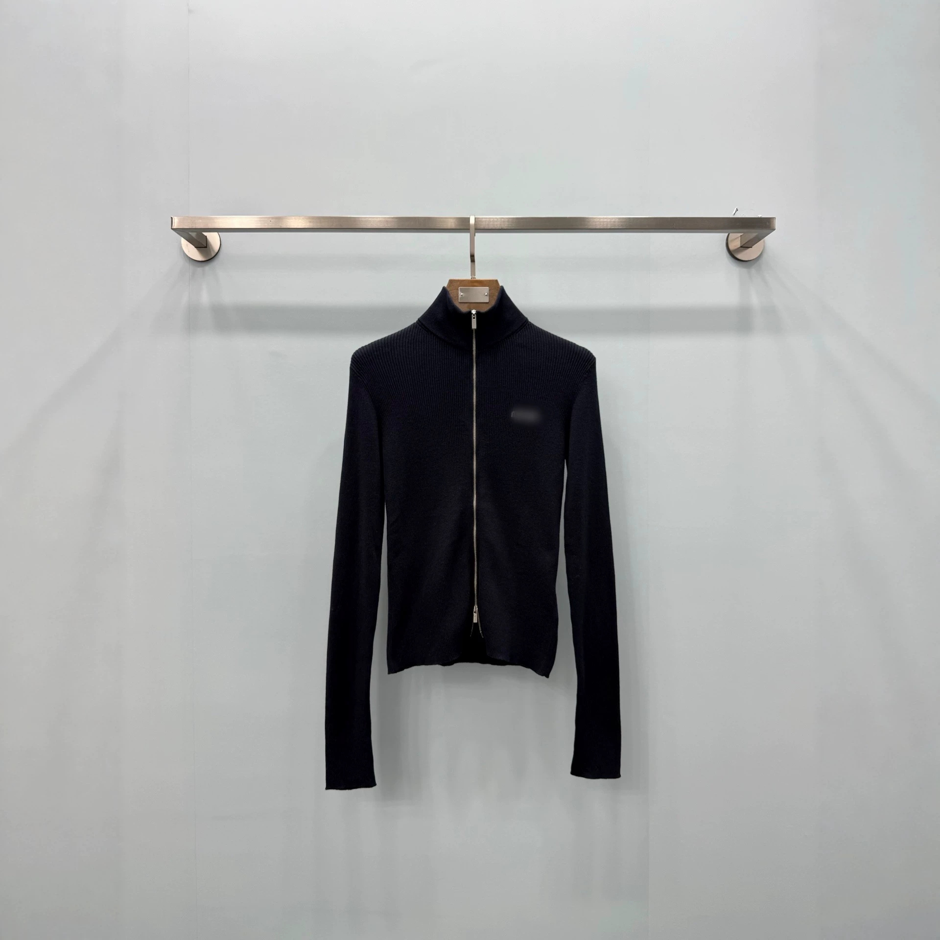 Nanyou high-end MM collection: navy blue, stand-up collar, double-zipper, ribbed knit cardigan, slim-fit, long-sleeved, zip-up sweater