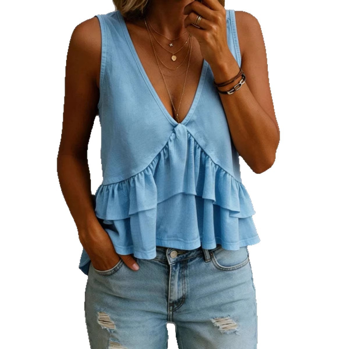 Spring Summer Women's Clothing Solid Color V Neck Ruffled Sleeveless Top Or Vest_ecoleips.com