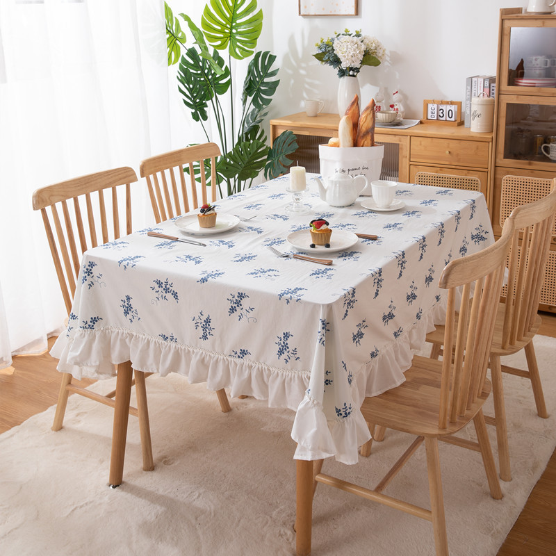 French Style Cotton Tablecloth Blue White Porcelain Embroidered_voghion.com