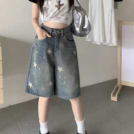 2026夏季新款美式复古星星印花牛仔五分裤女高腰宽松显瘦中裤