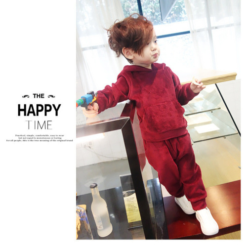 Set of 2 Kids' Sweatshirt and Pant Outfit for Autumn/Winter 2025, Gold Velvet Solid Color Set for Both Small and Medium Kids