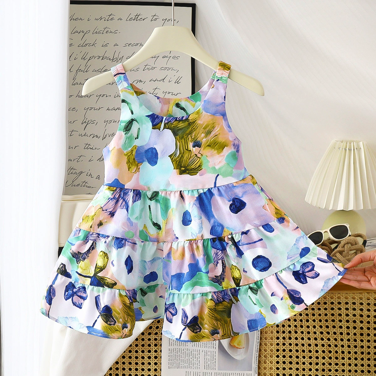 Summer girl's skirt, children's small princess costume, slip dress, Korean style, western style, floral print