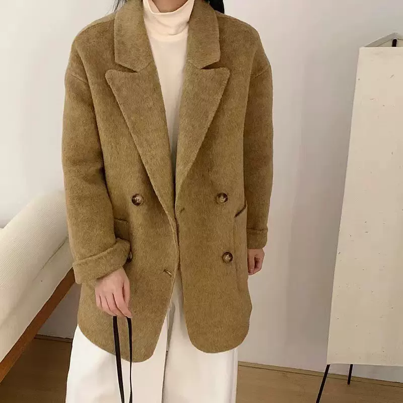 通勤百搭双面羊毛大衣中长款宽松西装领24年秋冬季外套女气质通勤