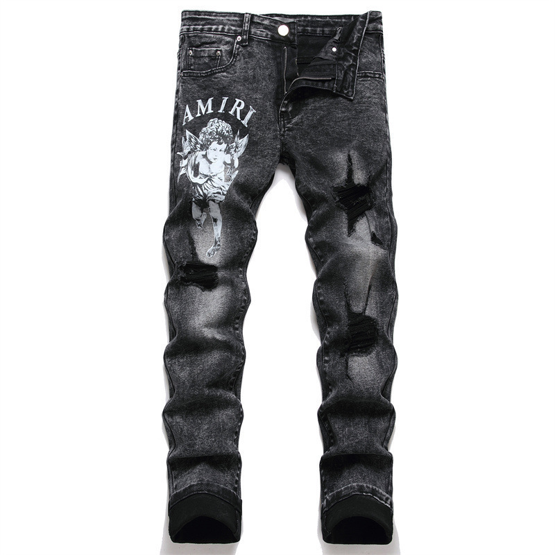 Black Leather Label Ripped Print Men's European and American Style Jeans Retro Trendy Vintage Black Leather Label Ripped Print Men's European and American Style Jeans Retro Trendy Vintage